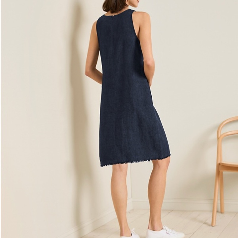 NWT Garnet Hill Navy Blue 100% Linen Fringe Hem A-Line Dress 16